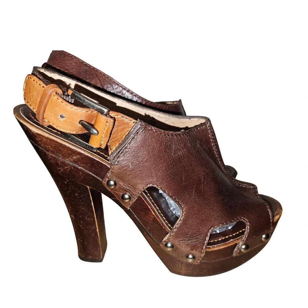 Frye Dara‎ Slingback Dark Brown Leather Wooden Platform Block Heel Sandals 7M